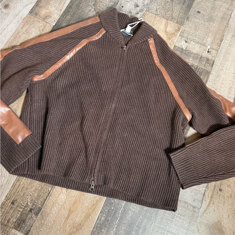 Central Park West Ribbed Knit Zip Jacket Chocolate Faux Leather Trim‎ NWT M